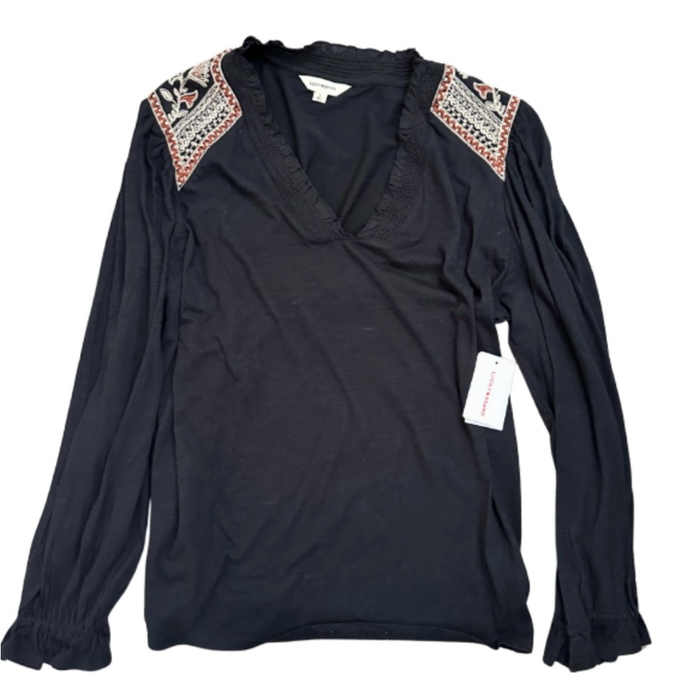 Lucky Brand Black Top with Embroidered Shoulders